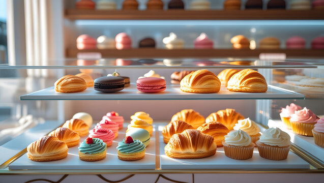 Display case showcasing various baked pastries, croissants, cupcakes, and macarons, beautifully arranged.