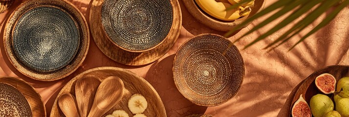 DRAUFSICHT AUF BIO-BRUNCH-TISCHDEKORATION MIT HANDWERKLICHEN SCH&Uuml;SSELN