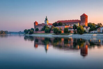 Obraz premium Sunrise over a castle reflecting on calm river