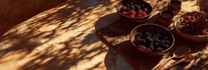OBSTSCHALE MIT HIMBEEREN UND MAULBEEREN IM SONNENLICHT