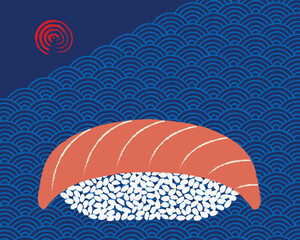 Minimal Japanese sushi illustration with salmon nigiri over a wave pattern background. Hand drawn style, bold colors, and traditional motifs, perfect for decor, packaging, and prints.