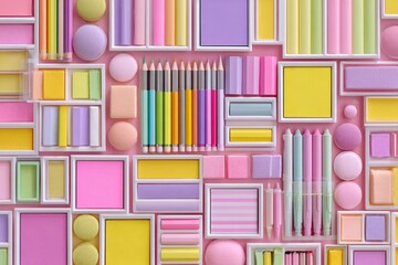 PASTELLFARBENE SCHREIBWAREN UND STIFTE IN GEOMETRISCHER ANORDNUNG