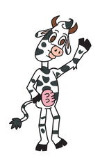 Cow character waving and standing on two paws.