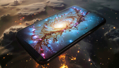 Smartphone screen displaying a vivid spiral galaxy, with cosmic elements surrounding it.
