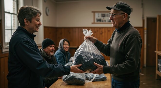 Volunteers exchange a bag of donated clothes in a community hall, warm smiles and wood paneled room; mood of kindness, support and impact; ideal for nonprofits, CSR and local campaigns