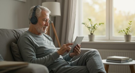 Relaxed senior man wearing headphones lounges on a sofa using a tablet, warm morning light and houseplants by the window; mood of digital literacy, comfort and leisure
