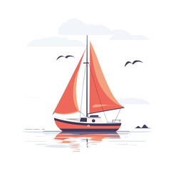 Fototapeta premium Elegant sailboat with coral sails gliding on water under a cloudy sky