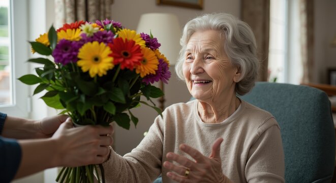 The smiling grandmother receives a bright bouquet of Herber at home, with surprise and gratitude to his eyes; a joyful family moment of care and celebration