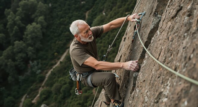 Determined senior climber edges across a steep face, clipping protection with steady hands; dramatic height and forest blur below; message of resilience, balance and lifelong strength