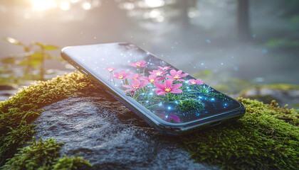 Smartphone screen displays a vibrant, magical garden with pink flowers and glowing particles, merging nature with technology.