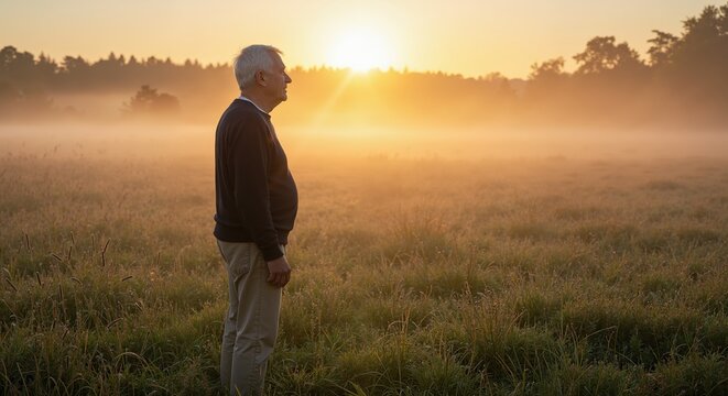 Elderly man stands in a misty meadow at sunrise, golden light rim lighting his profile and dewy grass; calm reflective mood of mindfulness, health and new beginnings