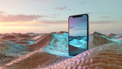 Smartphone showcasing digital blue waves in a desert landscape under a pastel sky.