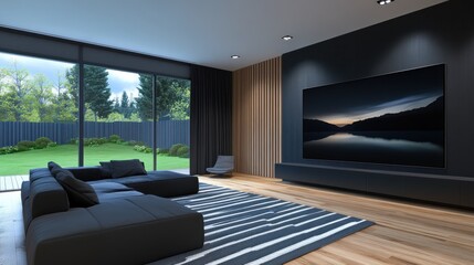 Fototapeta premium Modern Living Room with Panoramic View and Large Screen Displaying Serene Lake Landscape