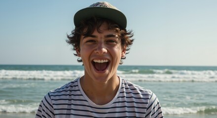Young man in striped shirt laughing at seaside with waves behind, natural daylight style, concept of freedom joy and summer travel, great for tourism promos youth services