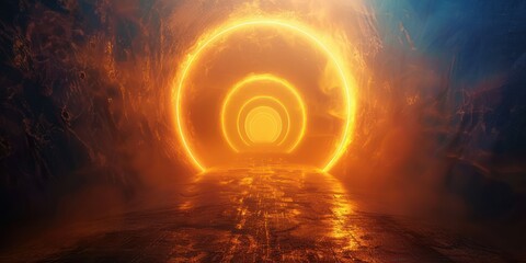 A vibrant, fiery orange and yellow circle of light emanates from a dark, rocky, cave-like structure, casting a warm glow on the surrounding environment