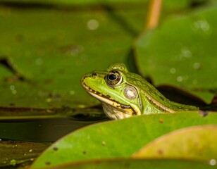 Obraz premium Close-up of a green frog on lily pads