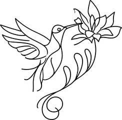 Elegant line drawing of a hummingbird feeding from a flower, a beautiful representation of nature's grace.
