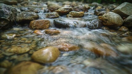 Serene forest stream with flowing water and rocks in nature