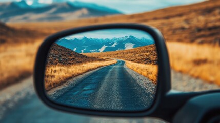 Car side mirror reflecting winding road in mountainous landscape