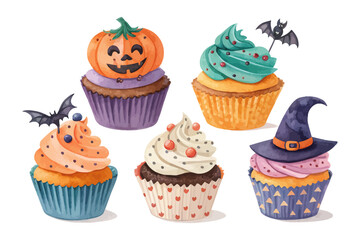 set of watercolor Halloween Cupcake vector illustration isolated on white background