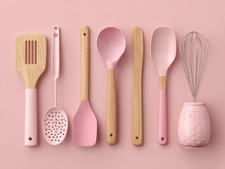 Pink and Wooden Kitchen Utensils Mockup on Pastel Background
