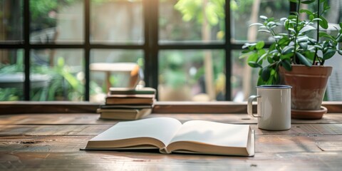 A serene garden scene with a wooden table, a potted plant, and a book, set against a backdrop of a window with a view of greenery