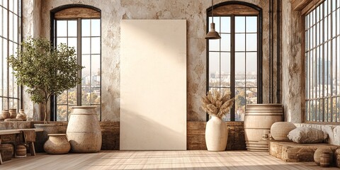 LEHNEN SIE SICH AN: VERTIKALES POSTER-MOCKUP IN INDUSTRIE-LOFT