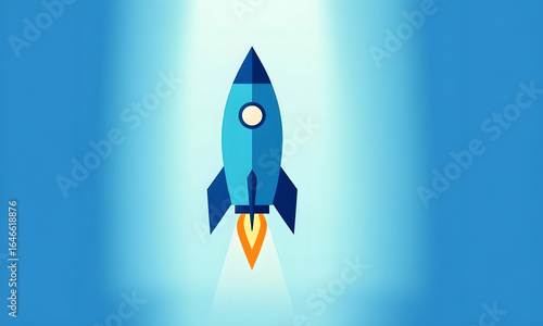 Blue Rocket Launch Vector: Startup, Innovation, Technology, Business Growth Concept