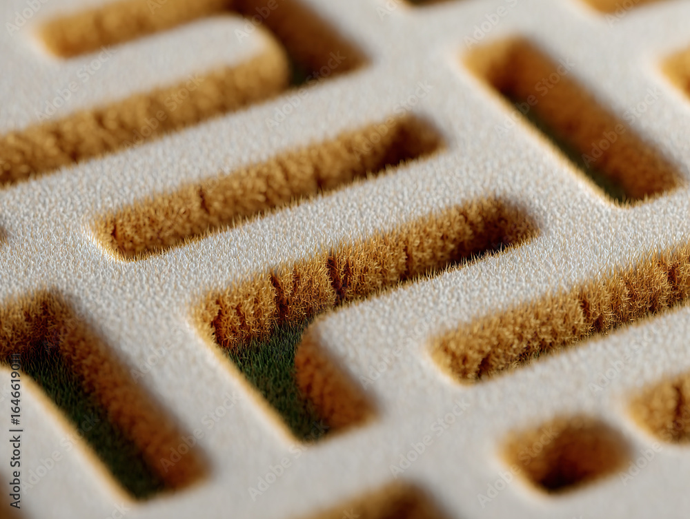 Aufkleber close up of textured abstract pattern with fuzzy, soft brown fibers emerging from rectangular cutout