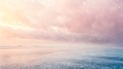 Soft pastel hues of a serene sunrise over a misty tranquil ocean with gentle waves and a dreamy ethereal atmosphere