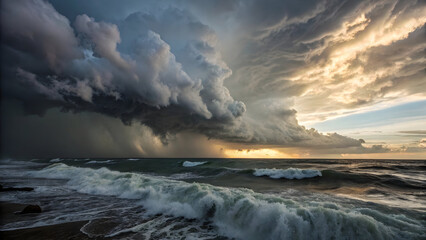 Fototapeta premium Dramatic Dark Grey and White Storm Clouds Forming Over a Turbulent Ocean at Sunset with Rain waves