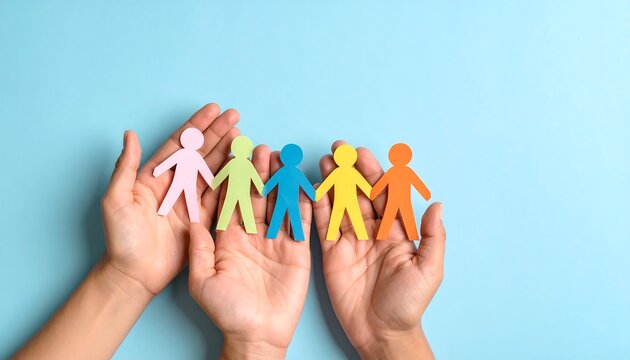 Colorful paper chain figures held in hands against a light blue background