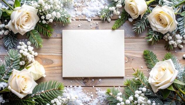 A captivating winter floral arrangement featuring pristine white roses, verdant evergreen sprigs, and delicate snow-kissed accents, with an open invitation for a personalized message on a blank card.