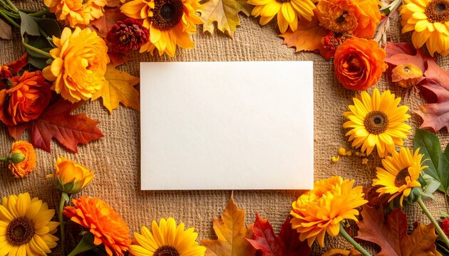 Festive autumn flat lay composition with a blank greeting card mockup for seasonal text, framed by vibrant orange and yellow flowers like sunflowers and chrysanthemums. - Powered by Adobe