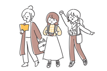 お出かけをする女性たちのゆる可愛い線画イラスト
