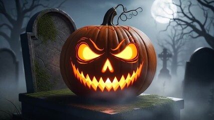 Spooky Halloween Night Animated Pumpkin Display in Cemetery with Fog and Moonlit Sky Halloween themed animation with illuminated jack-o'-lanterns in a foggy graveyard setting beneath a full moon and