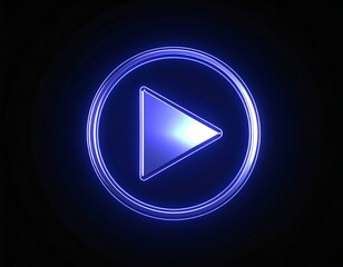 Glowing blue play button in a circle on black background