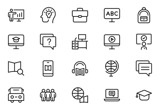 Education line icon set. The set contains icons: E-Learning, Education, Home Schooling, Classroom, Linear icon collection. Editable stroke. Vector illustration