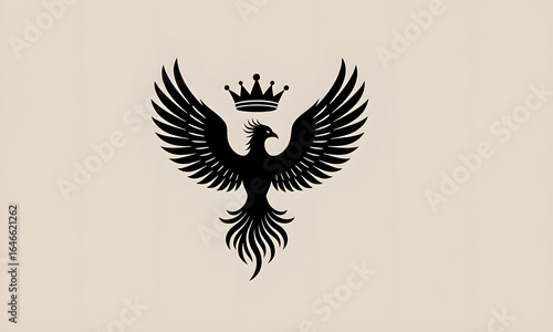 Elegant black phoenix with crown design illustration on light beige background