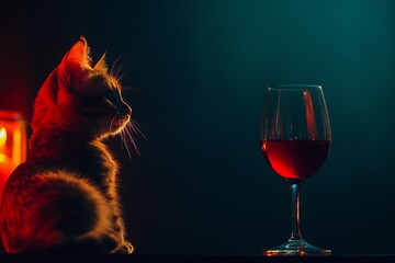 Cat Contemplating Wine: Dramatic Lighting and Elegant Compositio