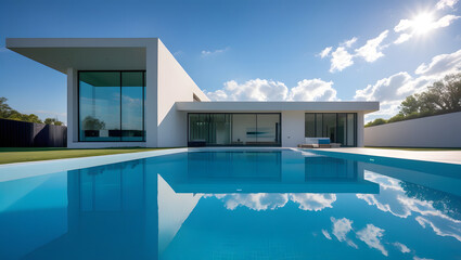 Modern minimalist house with a bright blue swimming pool reflecting the sky and clouds, under a sunny sky.