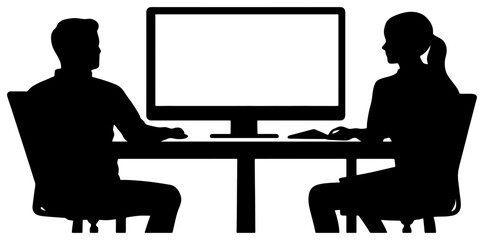 silhouette of coworkers watching online meeting on large monitor