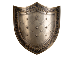 Angled Side Perspective of Ornate Shield with Medieval Motifs, Isolated PNG