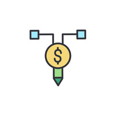 A cartoon-like illustration of a pencil with a dollar sign on a yellow circle, connected by lines to two light blue squares.