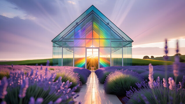 A glass house with a rainbow effect stands amidst a lavender field at sunset, with light rays beaming through the structure.