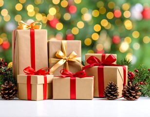 Obraz premium Beautifully wrapped Christmas gifts with red ribbons and golden bows, ready for holiday celebrations.