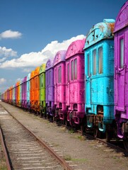 Obraz premium Row of colorful vintage train cars. A long line of brightly painted, weathered train cars, various shades of vibrant color, stands on railway tracks. 