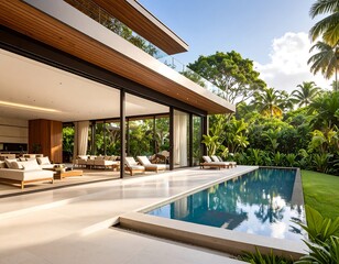 Fototapeta premium Modern luxury villa with infinity pool and lush tropical garden creates ultimate serene vacation retreat