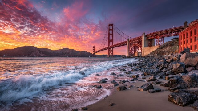 Golden Gate Bridge at sunset over the ocean - Powered by Adobe