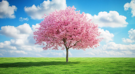 Naklejka premium A vibrant pink cherry blossom tree stands alone in a sunlit field of green grass and yellow flowers. The bright blue sky is filled with fluffy white clouds.